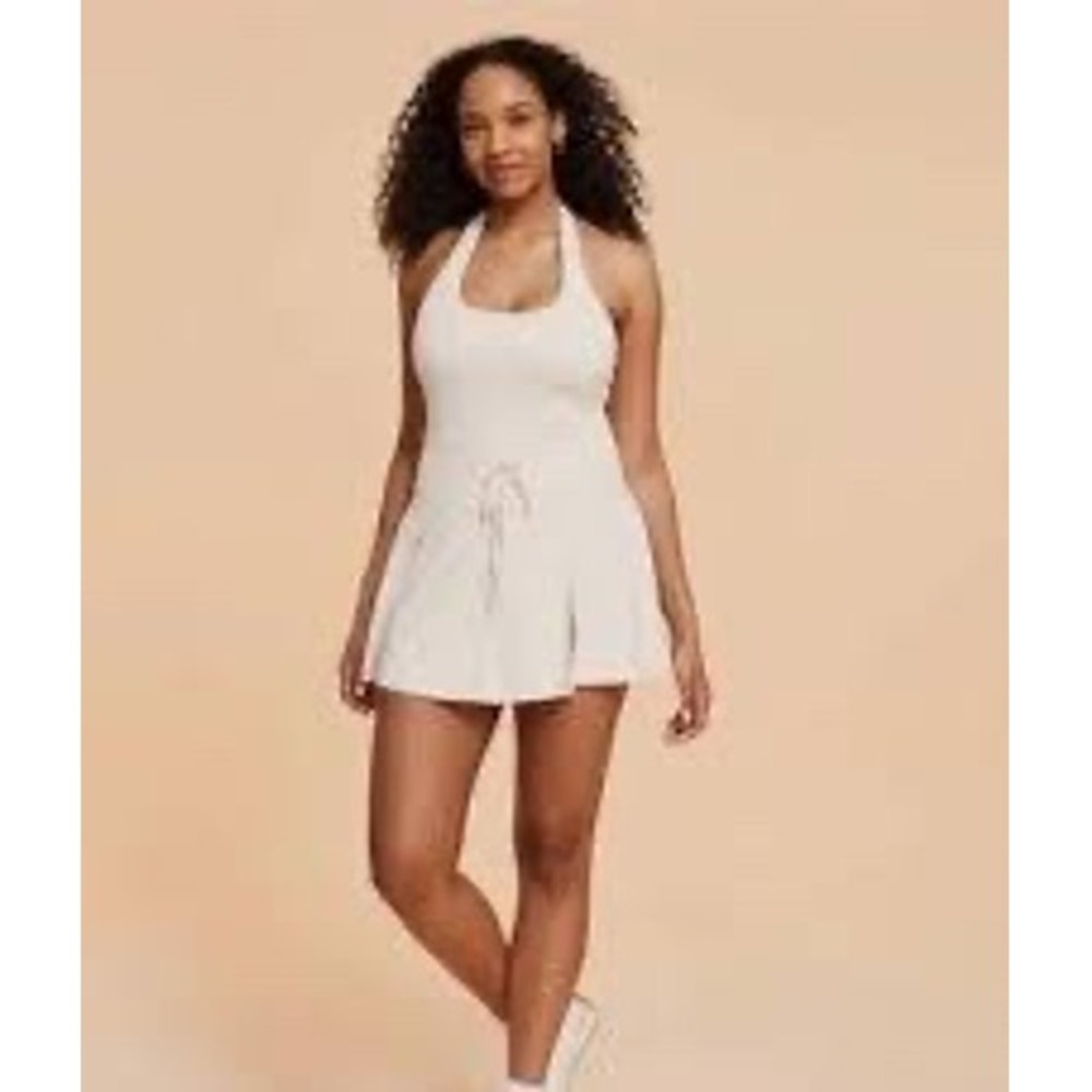 Blogilates Women XS Cream Halter Exercise Dress Drawstring Waist Activewear